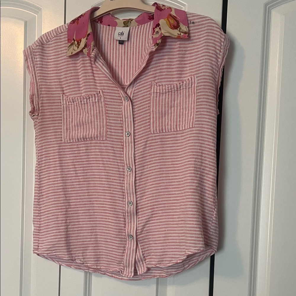 Cabi Pink & White Striped Button Front Top with Floral Collar